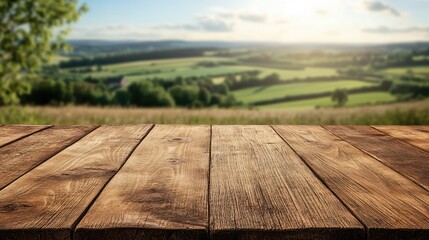 Poster - Rustic wooden table top ready for product display, with a blurred countryside farm field in the background.