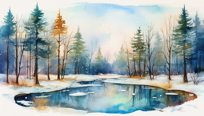 Wall Mural - Watercolor painting of winter forest with frozen pond. Beautiful natural landscape. Hand drawn art.