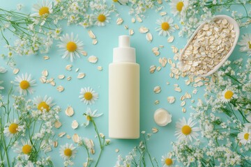 Wall Mural - Flat lay of a white bottle with chamomile and oats on light blue background