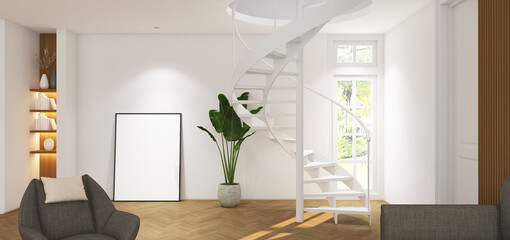 Wall Mural - 3d render of minimal white spiral stair case in living room. Wood parquet floor, wood louvre panel wall and white ceiling. Set 57