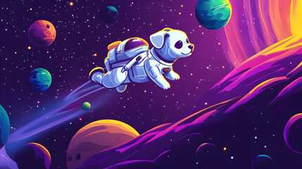 Wall Mural - Dog Astronaut flying outer space among colorful planets and stars cartoon illustration