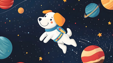 Wall Mural - Dog Astronaut flying outer space among colorful planets and stars cartoon illustration