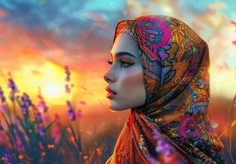 Wall Mural - Woman in a headscarf with sunset background