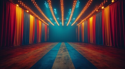 Sticker - abstract background of circus stage with spotlights and smoke, empty blank stage, mysterious and dramatic mood, blue red