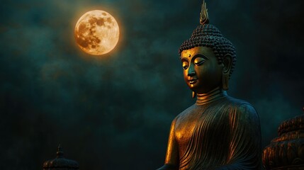 Golden Buddha statue with a lunar eclipse in the background, dark sky, mystical and serene, temple lights softly glowing