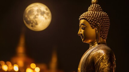 Golden Buddha statue with a lunar eclipse in the background, dark sky, mystical and serene, temple lights softly glowing