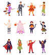 © Катерина Фирсова - Collection of cute cartoon kids in colorful Halloween costumes: cat, pirate, devil, witches, ghost, mummy, skeleton. Cute little kids dressed in carnival clothes set. Flat vector illustration isolated