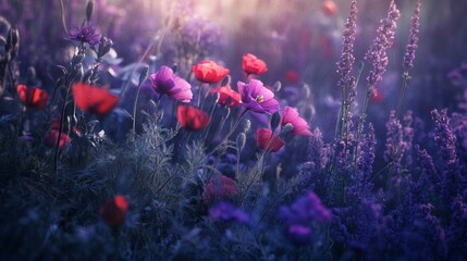 Poster - Vibrant wildflowers adorn a spring meadow, their hues creating a vibrant tapestry. 