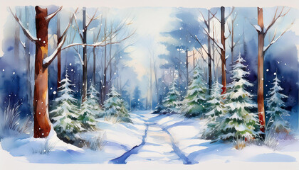 Wall Mural - Watercolor painting of winter forest with snowy path and trees covered in snow. Hand drawn