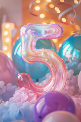 Wall Mural - Colorful gradient number five with balloons. Playful symbol 5. Invitation for fifth birthday party, business anniversary, or event celebrating a fifth milestone. Vertical greeting card.