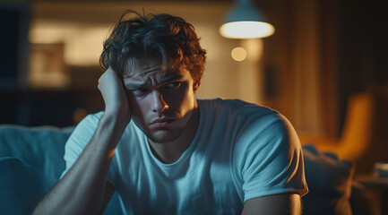 A man sitting on the couch with his head in hands, looking distressed and emotional, showing signs of anxiety or depression. The concept of emotional pain and suffering due to life events.