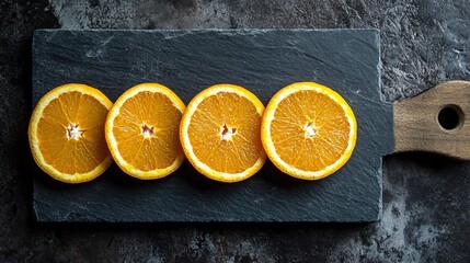 Bright orange slices arranged on a dark charcoal cutting board