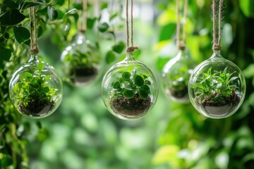 Hanging Glass Terrariums with Green Plants in Indoor Garden