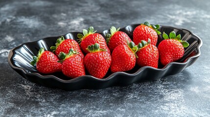 Crimson red strawberries on a dark charcoal ceramic dish