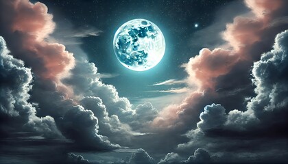 Wall Mural - A full moon glowing in a night sky filled with thick clouds. The stars are faint, but their presence adds a subtle texture to the sky. 