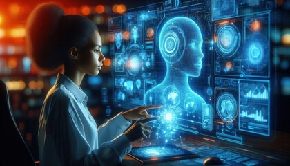 Wall Mural - AI cyber security threat, female african american IT specialist analysing futuristic holographic data information. blue & orange colour, sugmented reality artificial intelligence concept banner