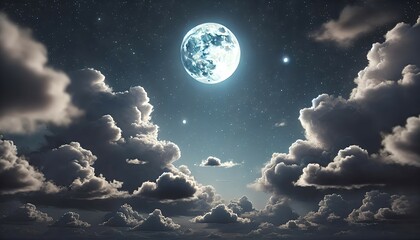 Wall Mural - A full moon glowing in a night sky filled with thick clouds. The stars are faint, but their presence adds a subtle texture to the sky. 