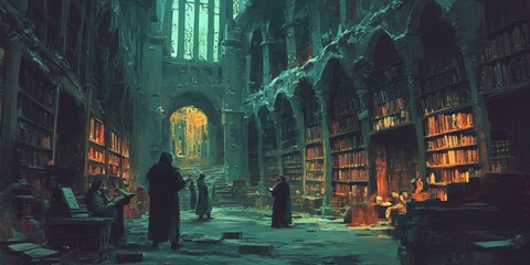 Wall Mural - Mysterious figures in a dark, book-filled hall.