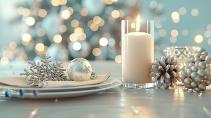 A table with a white plate and a candle in a glass. The candle is lit and surrounded by snowflakes and other decorations. The table setting is elegant and festive, perfect for a holiday celebration