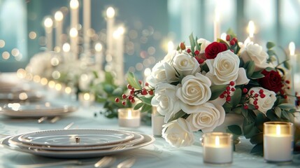 A table with a white tablecloth and a centerpiece of white roses and red berries. The table is set for a special occasion, and the candles on the table create a warm and inviting atmosphere