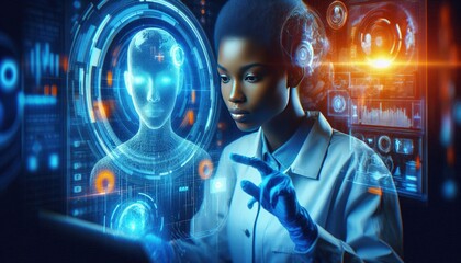 Wall Mural - AI cyber security threat, female african american IT specialist analysing futuristic holographic data information. blue & orange colour, sugmented reality artificial intelligence concept banner