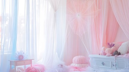 Wall Mural - Oversized spider web delicately draped in a pastel-themed setting