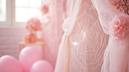 Wall Mural - Oversized spider web delicately draped in a pastel-themed setting