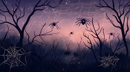 Wall Mural - Minimalist Halloween scene with oversized spiders and webs in muted colors