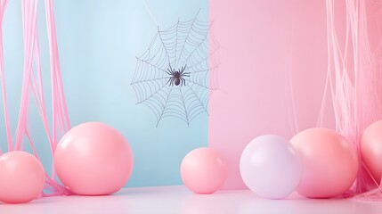 Wall Mural - Oversized spider web floating in a pastel-themed minimalistic Halloween setting