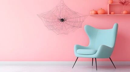 Wall Mural - Oversized spider web floating in a pastel-themed minimalistic Halloween setting
