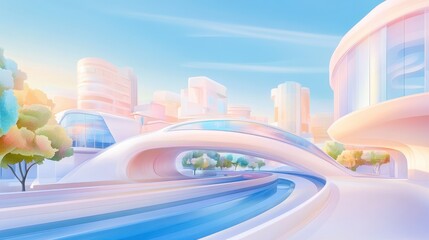 Wall Mural - A cityscape with a bridge and a river. The city is very colorful and the sky is blue