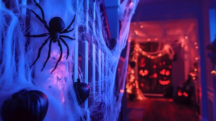 Wall Mural - Pastel-themed Halloween scene with oversized spiders and webs