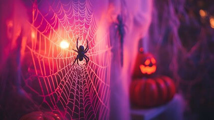 Wall Mural - Oversized spider web softly lit in a pastel-themed Halloween scene