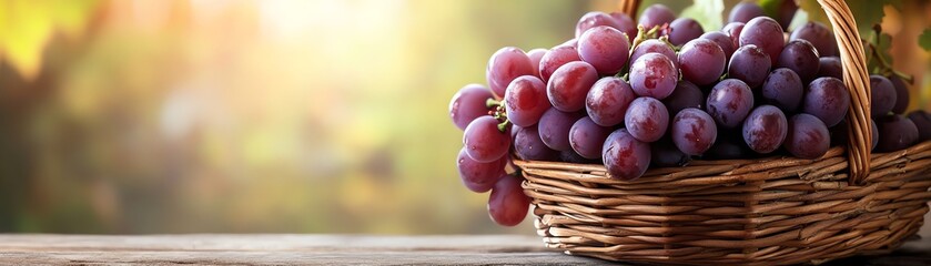 Wicker basket filled with ripe purple grapes, soft natural light, rustic wooden table, blurred background, fresh harvest feel