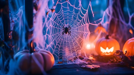 Wall Mural - Oversized spider web softly lit in a pastel-themed Halloween scene