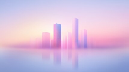 Wall Mural - A city skyline is reflected in the water, with the buildings appearing to be made of blocks. The sky is a soft pink color, giving the scene a dreamy, ethereal quality