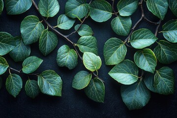 Wall Mural - Macro shot of vine leaves on a black background featuring minimalist high-resolution art.