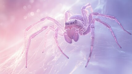Wall Mural - Floating oversized spider with softly glowing webs in a pastel vignette