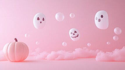  Softly lit Halloween decorations floating in a pastel monochrome vignette