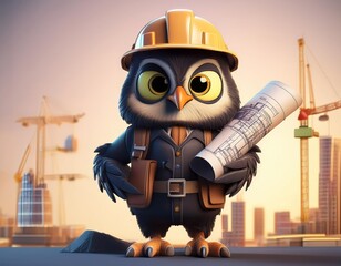 3D construction owl holds blueprints in front of a city skyline