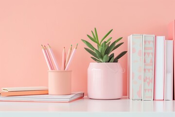 Peach color wall and home office desk with supplies, pencils, pens, boxes, plant pot. Creative stylish minimal workspace. Contemporary flat white work tabletop for product display montage. Blank space