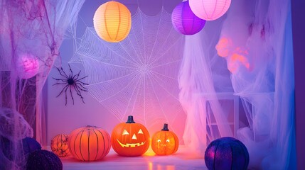 Wall Mural - Oversized spider web with floating decorations in a pastel vignette