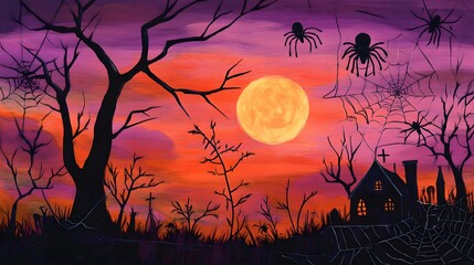 Wall Mural - Soft pastel Halloween scene with oversized spiders and webs