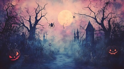 Wall Mural - Soft pastel Halloween scene with oversized spiders and webs