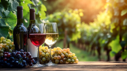 red wine and grapes, wineyard background, warm light