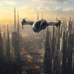 A futuristic drone taxi flying over a smart city.