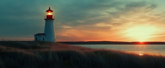 A lone lighthouse stands on the coast as the sun sets over the water.