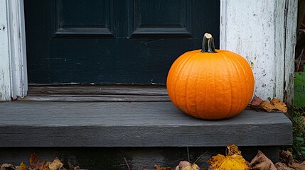 Wall Mural - vivid orange pumpkin sitting on a dark charcoal doorstep
