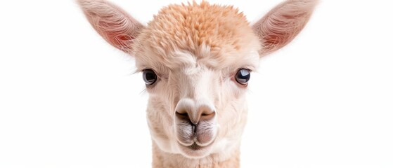 A baby llama with a white face and brown ears. The llama is looking at the camera