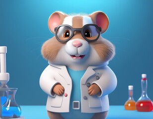 3D hamster scientist smiles while wearing a lab coat and glasses